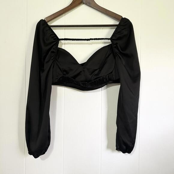 Papermoon Black Satin Long Sleeve Backless Crop Top Women's Large - Picture 2 of 4
